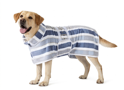 Quick-Drying Dog Bathrobe - Striped Super Absorbent Pet Towel Robe with Adjustable Belly Band