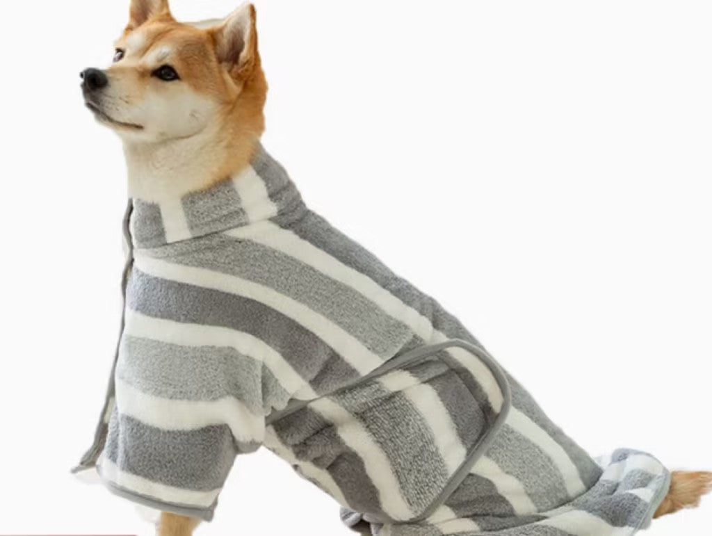 Quick-Drying Dog Bathrobe - Striped Super Absorbent Pet Towel Robe with Adjustable Belly Band